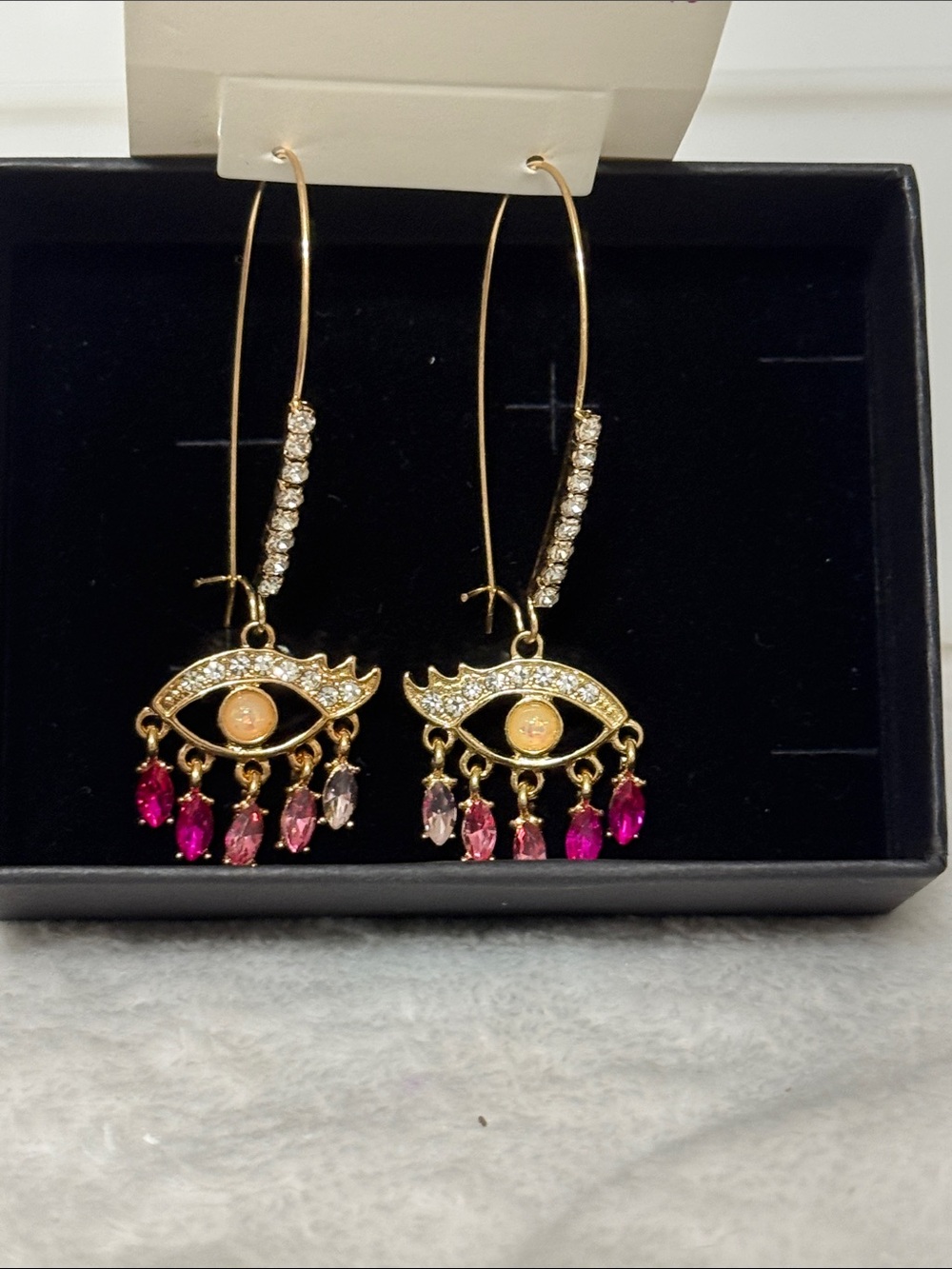 Betsey Johnson Gold Eye Dangle Earrings with Pink and Purple Drops